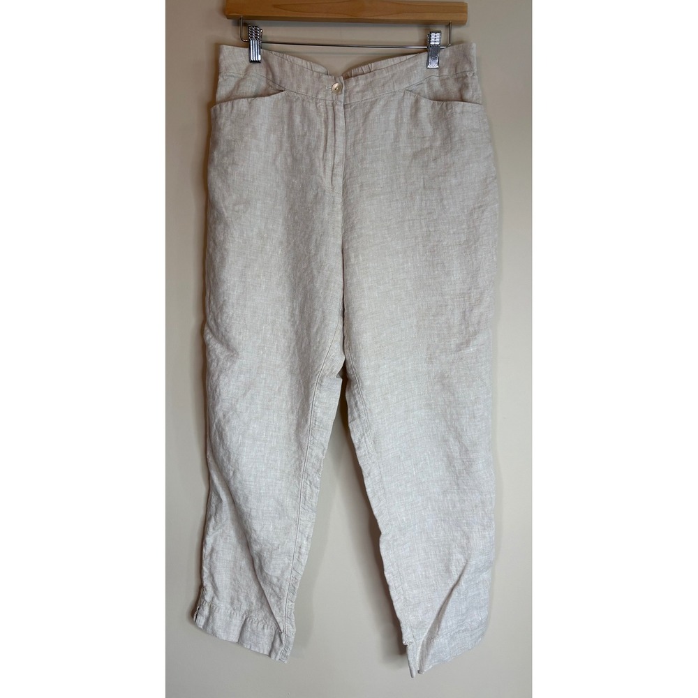 Chicos Womens 1R (8R) Oatmeal Beige 100% Linen Cropped Capri Pants Elastic Back